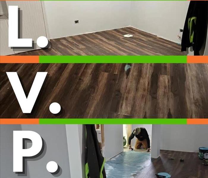 picture has 3 images of luxury vinyl plank flooring with a green and orange background 
