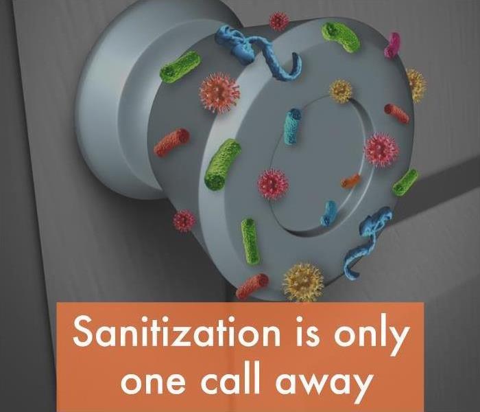 door knob with germs on it and "Sanitization is only one call away"